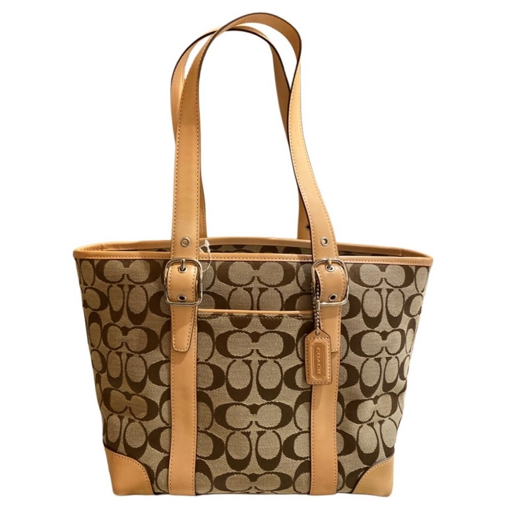 COACH VINTAGE 2002 SIGNATURE JACQUARD NATURAL TAN VANCHETTA LEATHER TOTE